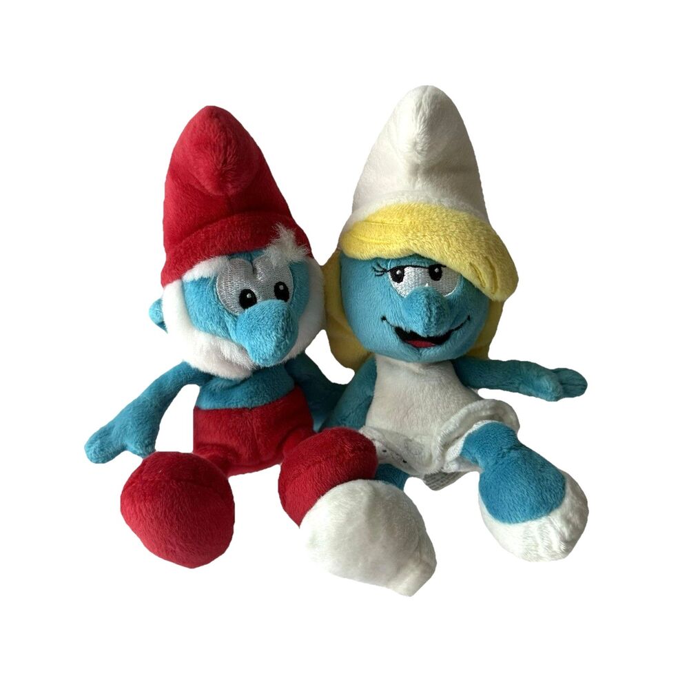 Set of 2 SMURF 8" PLUSH Papa Smurf & Smurfette 2008 Stuffed Animal PEYO EUC